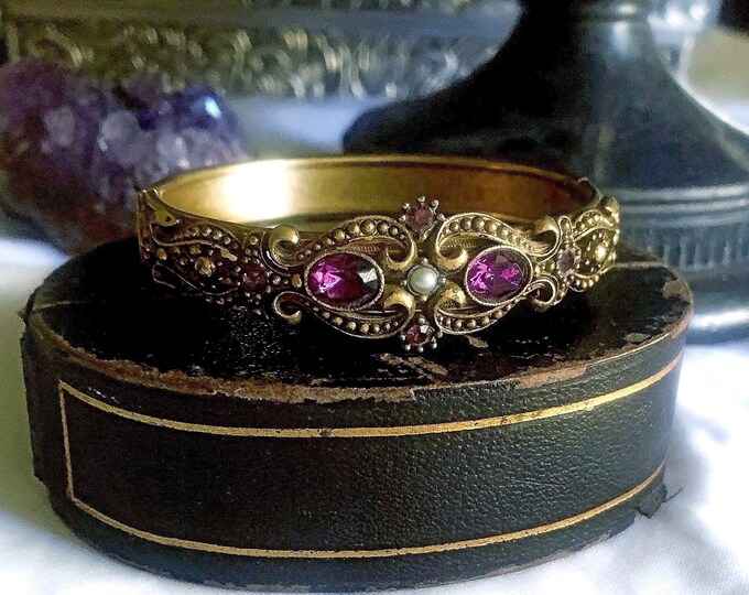 Victorian Revival vintage Avon 1970s antiqued gold tone faceted Crystal and Glass Seed Pearl accented ornate stamped Bangle Bracelet