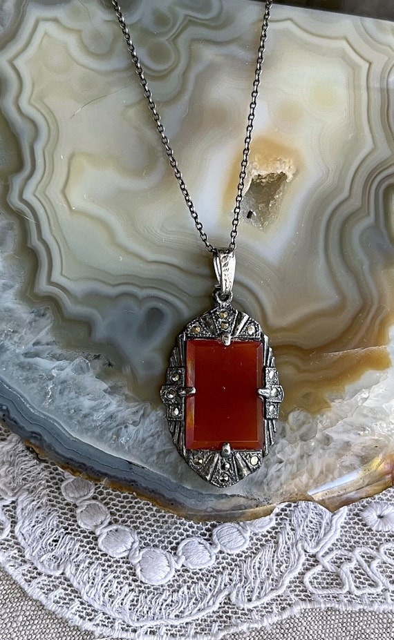 Luminous antique Edwardian Era Sterling Silver genuine Carnelian Chalcedony brilliant faceted Marcasite accented stamped Pendant Necklace