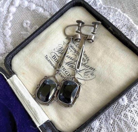 Elegant antique Germany Edwardian 1910s Sterling Silver brilliant sparkling faceted Marcasite accented stamped Screw Back Drop Earrings