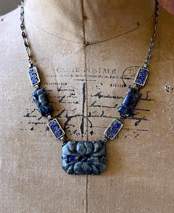 Stunning antique Chinese Export Arts and Crafts Sterling Silver ornate carved Sodalite stones cobalt blue enamel Rare stamped Necklace