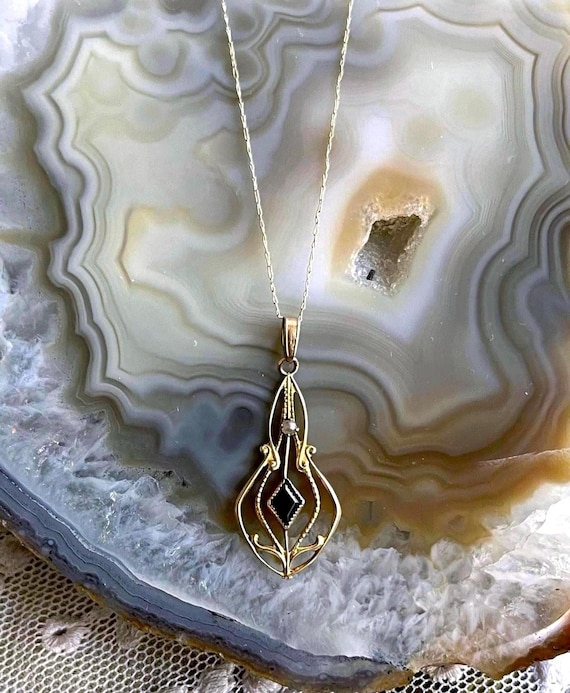 Edwardian 10K Gold Sapphire Lavaliere Necklace: Antique Filigree Seed Pearl Pendant