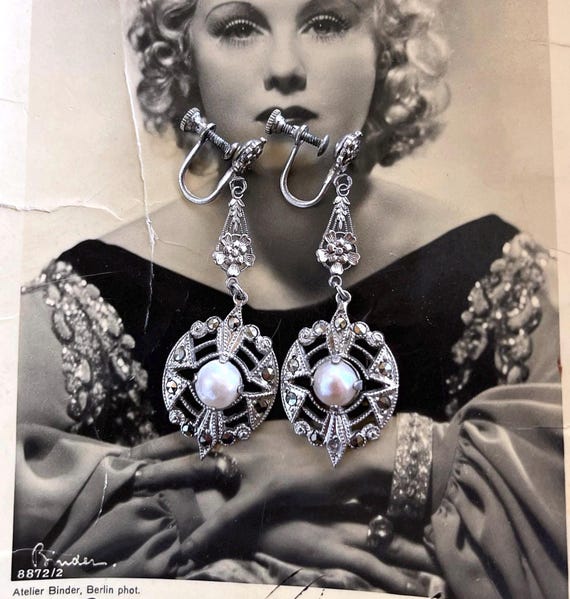 Edwardian antique Sterling Silver genuine Cultured Pearl faceted Marcasite accented Screw back drop Earrings