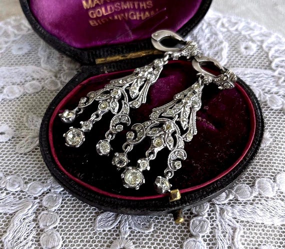 Antique Georgian Revival 830 Silver faceted Paste Stone accented elegant hallmarked Clip Drop Earrings