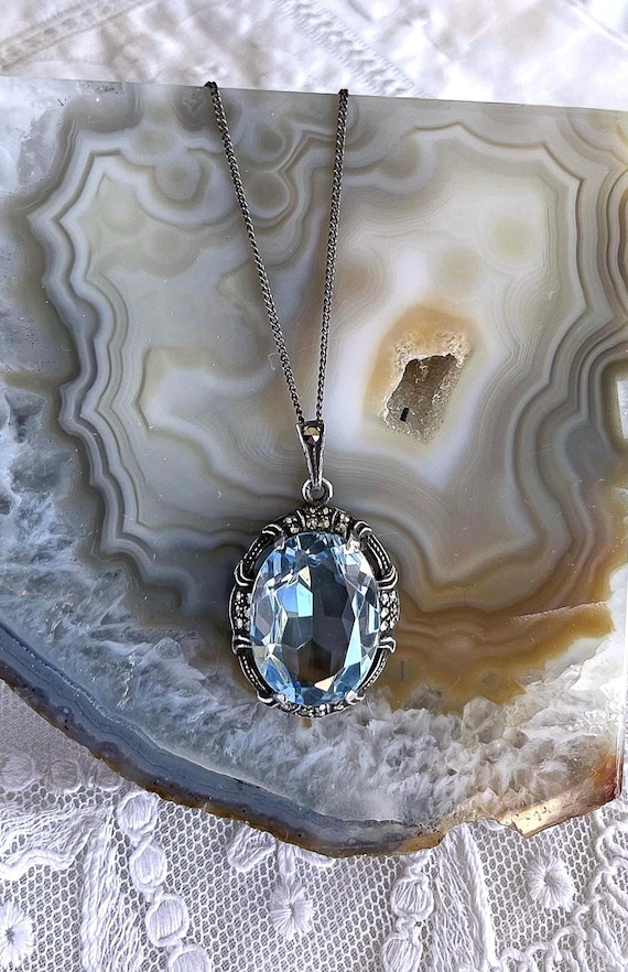 Fabulous vintage Art Deco 835 Silver faceted Topaz Blue Paste Stone Marcasite accented hallmarked Pendant Necklace