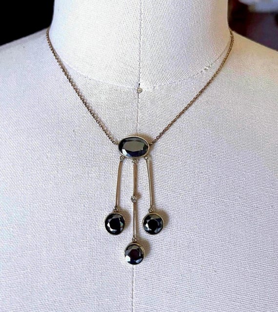 Vintage 14K Gold Diamond Negligee Choker Necklace: Mid Century Hematite Accent