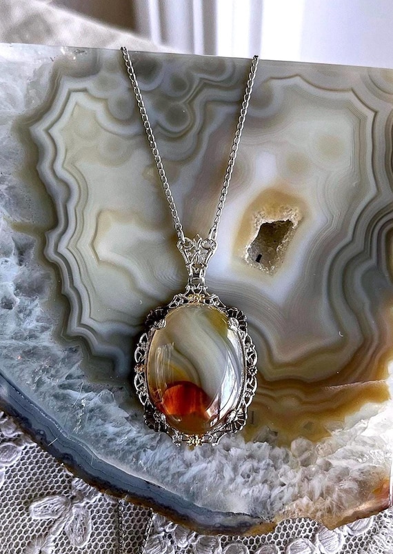 Vintage 1930s Art Deco Sterling Silver Gold rolled accents genuine luminous Agate gemstone lovely hallmark Lavaliere Necklace