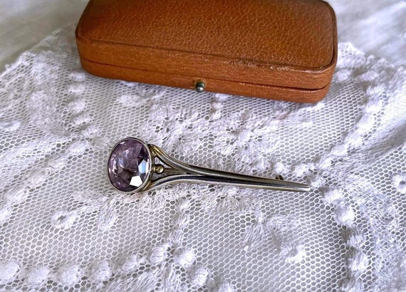 Rare antique Arts and Crafts Danish Frantz Hingelberg 826 Silver genuine Amethyst accented Brooch