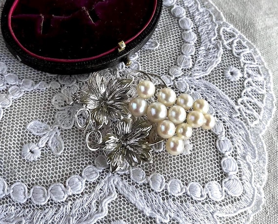 Vintage Japan 1940s Sterling Silver Floral Brooch: Cultured Pearl Accent