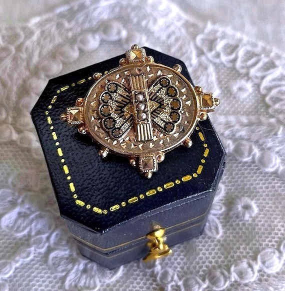 Victorian Seed Pearl Brooch: Gold Filled Enamel Scroll Lapel Pin