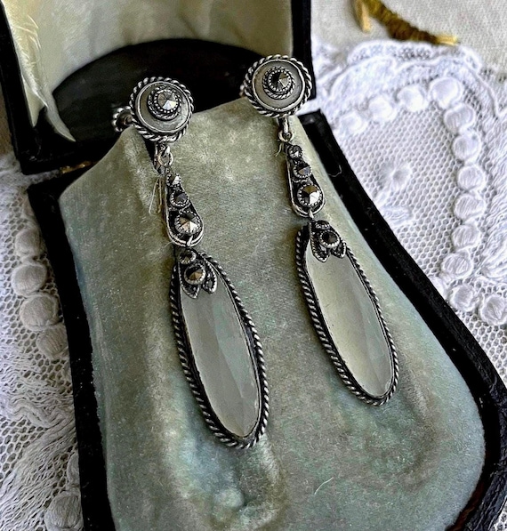 Unique antique Edwardian Rodium Plated Silver faceted opaque Camphor Quartz Rock Crystal Marcasite accented Screw Back Drop Earrings