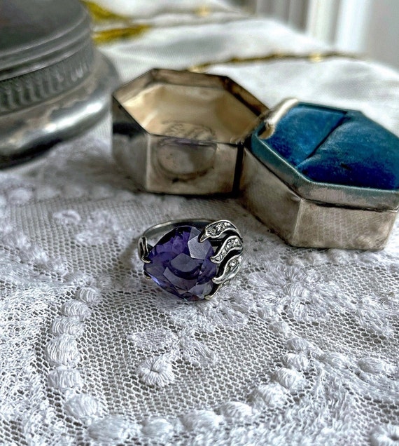Rare vintage Art Deco Soviet Era 875 Kharkiv Silver brilliant Amertine gemstone Paste stone accented hallmarked size 7 Statement Ring