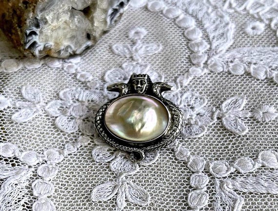 Unique vintage Egyptian Revival Sterling Silver luminous Blister Pearl hallmarked Serpant Brooch
