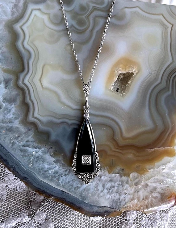 Wonderful Edwardian 935 Silver Onyx gemstone genuine Diamond accented hallmarked Pendant Necklace