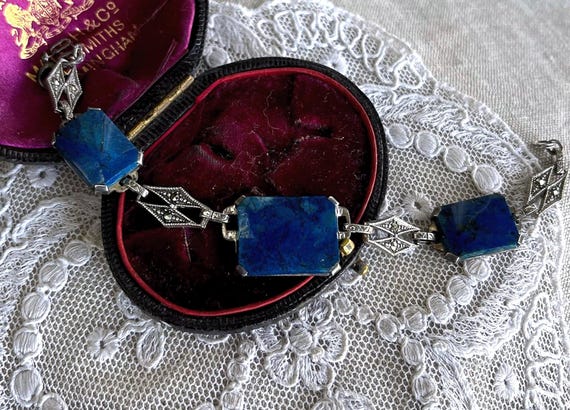 Antique Art Deco Sterling Silver genuine Lapis Lazuli Marcasite accented hallmarked Link Bracelet