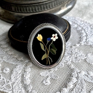 Sublime vintage Pietra Dura Florentine 800 Silver Floral Motif Mosaic beautiful pristine hallmarked Victorian Revival Brooch Pendant Italy