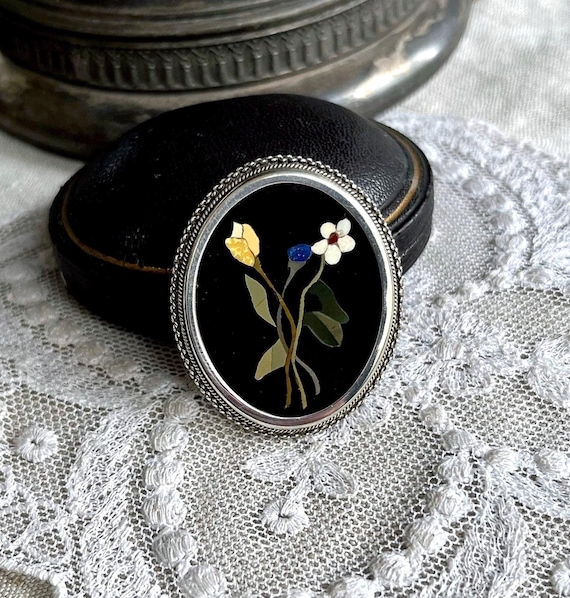 Sublime vintage Pietra Dura Florentine 800 Silver Floral Motif Mosaic beautiful pristine hallmarked Victorian Revival Brooch Pendant Italy