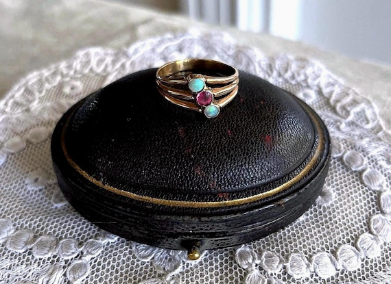 Victorian 10K Rose Gold Ring: Ruby, Opal & Seed Bead Heirloom