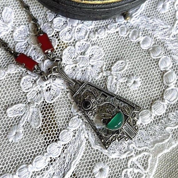 Fine antique German Art Deco Sterling genuine Carnelian, Chrysoprase Chalcedony Onyx Stone faceted Marcasite accented Lavaliere Necklace