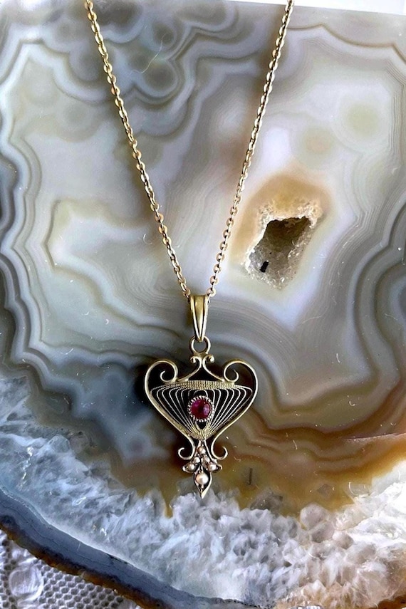Fine Victorian Aesthetic 10K Gold Filigree faceted genuine Ruby and Seed Pearl accented beautiful hallmarked Pendant Necklace