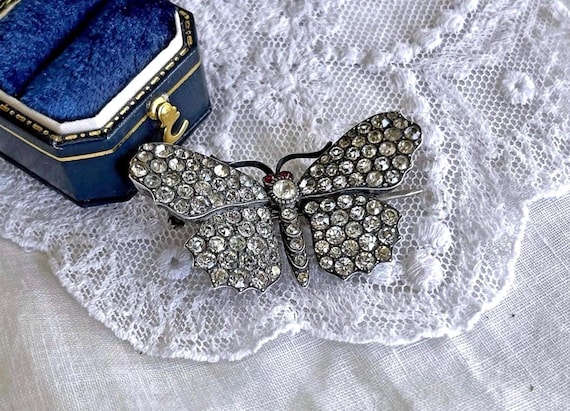 Vintage 1930s Art Deco solid Sterling Silver brilliant Paste Stone accented hallmarked Butterfly Brooch