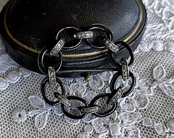 Delightful antique Victorian Aesthetic Sterling Silver genuine Jet faceted Marcasite Crystal accented unique hallmarked Mourning Brooch