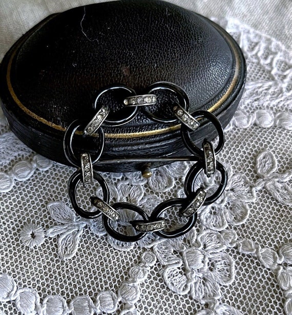 Delightful antique Victorian Aesthetic Sterling Silver genuine Jet faceted Marcasite Crystal accented unique hallmarked Mourning Brooch