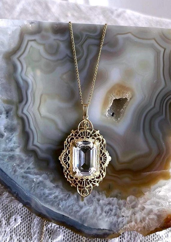 Pristine Edwardian Revival Gold filled Filigree faceted Diamond Paste Stone accented hallmarked Lavaliere Necklace