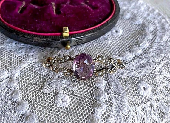 Victorian 9k Gold Amethyst Brooch: Seed Pearl Accented Lapel Pin