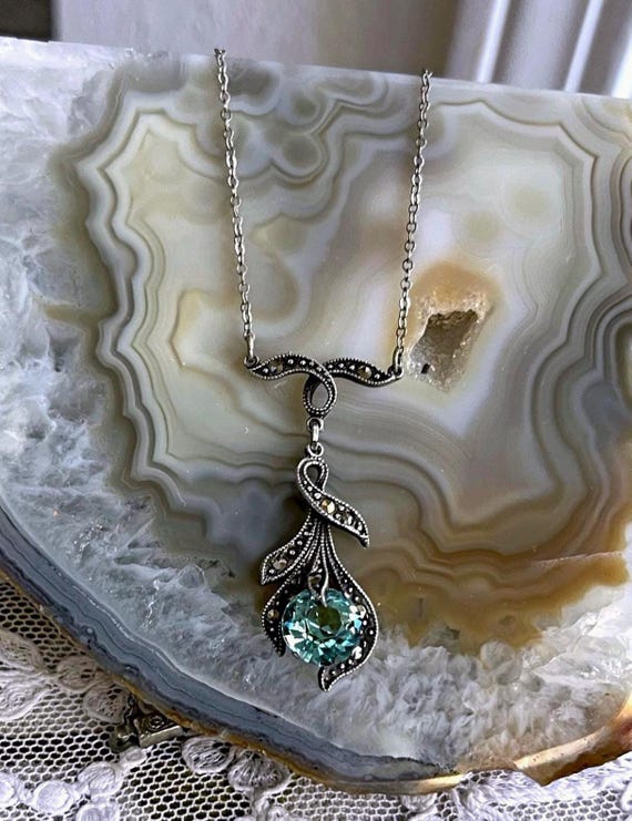 Fine antique Edwardian 1910s Sterling Silver Topaz Blue  Paste stone faceted Marcasite accented gorgeous Lavaliere Necklace