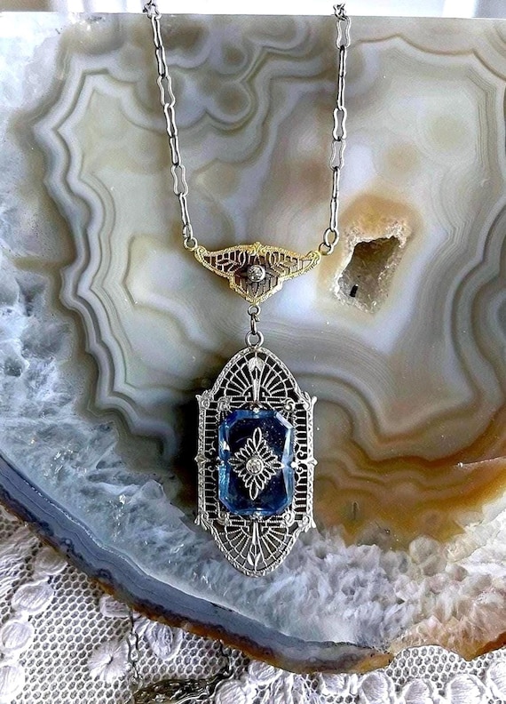 Delicate antique Edwardian Sterling Silver Gold Rolled filigree brilliant faceted Blue Paste Stone accented exquisite Lavaliere Necklace