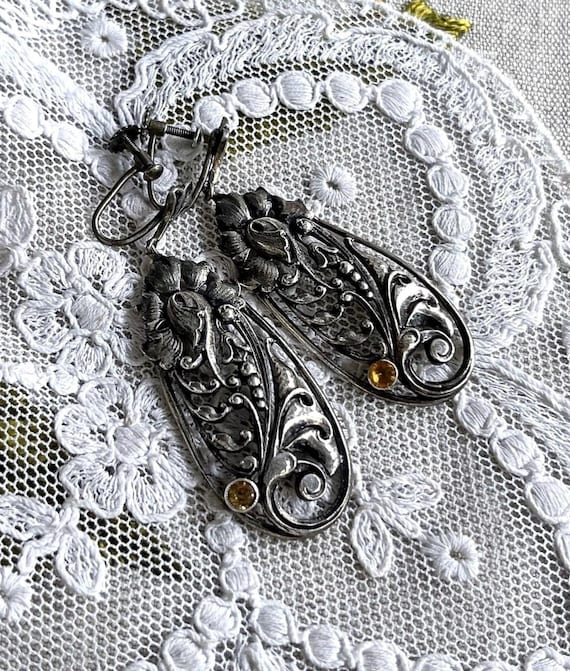 Splendid antique Art Nouveau Bohemian Revival Sterling Silver faceted Citrine accented decorative stamped ornate Screw Back Drop Earrings