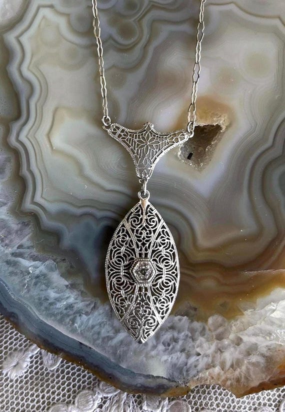 Delicate antique Edwardian Era Sterling Silver filigree faceted Paste Stone accented elegant stamped Lavaliere Necklace