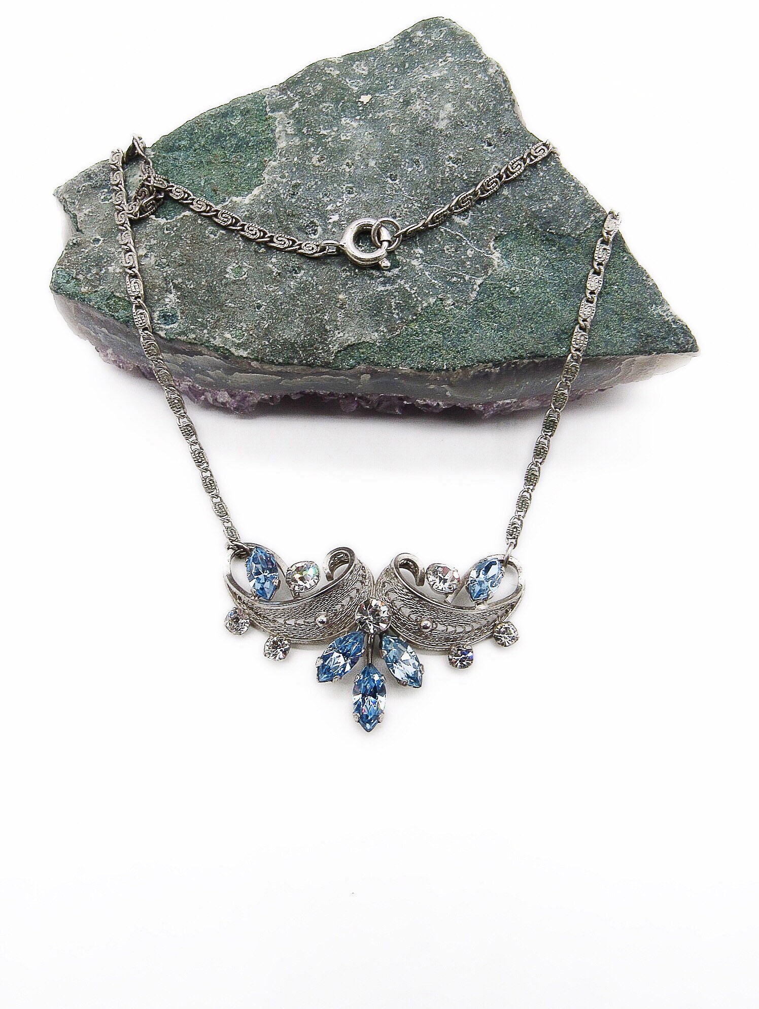 Van Dell vintage sterling silver filigree faceted crystal signed necklace