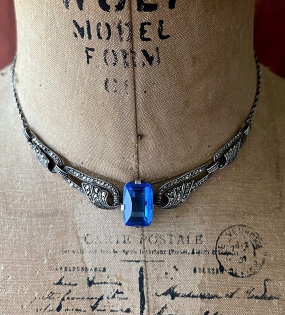 Sophisticated antique Art Deco Austrian 935  Silver faceted Emerald cut Blue Paste Stone Brilliant Marcasite accented signed Necklace