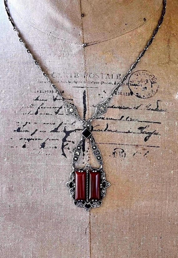 Antique Art Deco 935 Silver Carnelian Chalcedony faceted Marcasite Enamel accented hallmarked Lavaliere Necklace