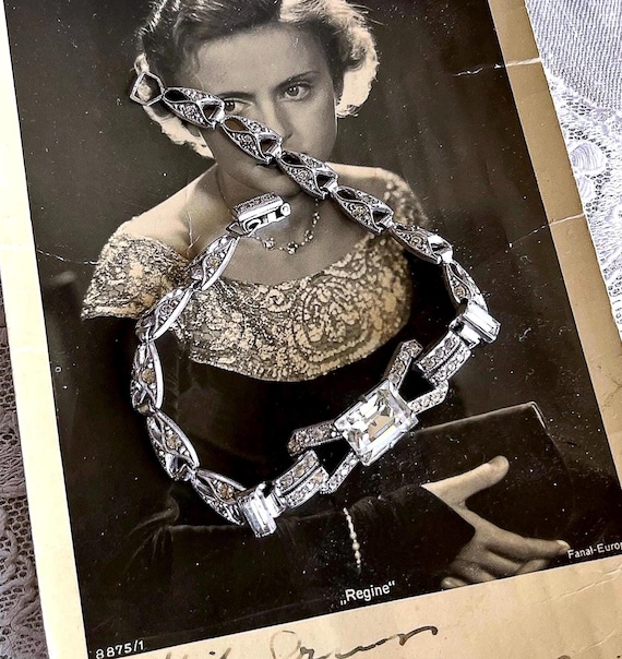 1930s Art Deco Sterling Silver Paste Stone Link Bracelet