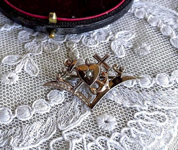 Victorian Seed Pearl Brooch: Antique Gold Filled Faith, Love, Hope Pin