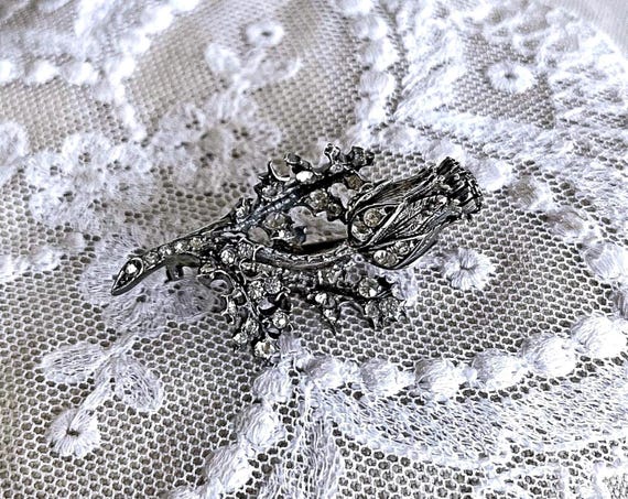 Victorian antique Sterling Silver Rose Brooch, Paste Stone Floral Pin