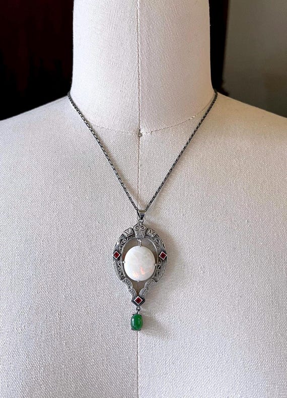 Antique Edwardian Sterling Silver Opal Garnet Chrysoprase Filigree Pendant Necklace