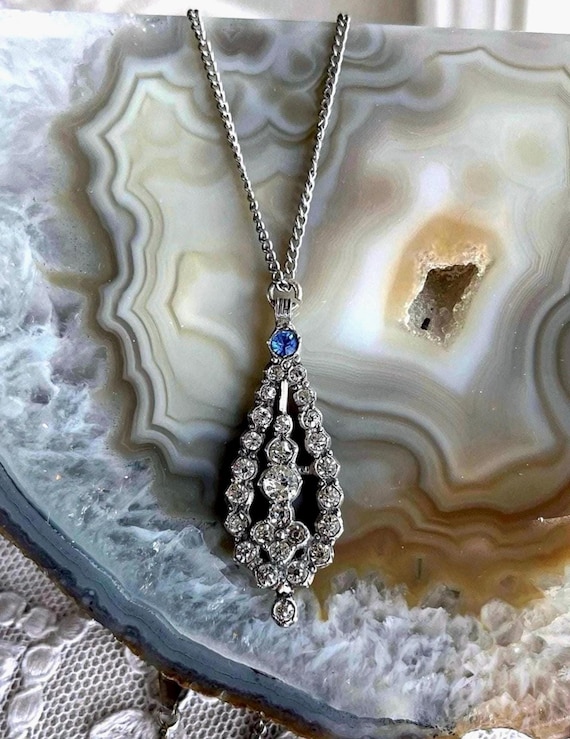 Brilliant antique Edwardian Sterling Silver dazzling faceted closed back Paste Stone accented exquisite stamped Pendant Necklace