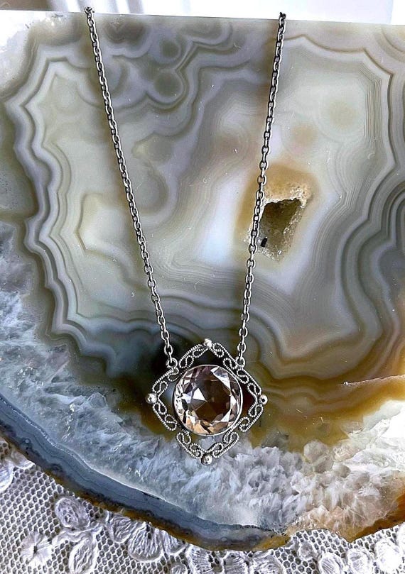 Sparkling vintage Arts and Crafts Revival Sterling Silver filigree genuine faceted Amethyst gemstone accented lovely Pendant Necklace