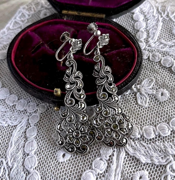 Art Deco Marcasite 935 Silver Drop Earrings: Vintage European Screw Backs