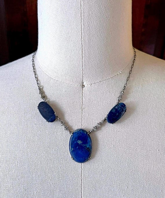 Edwardian 1910s Sterling Silver Lapis Lazuli faceted Marcasite accented hallmarked Choker Necklace