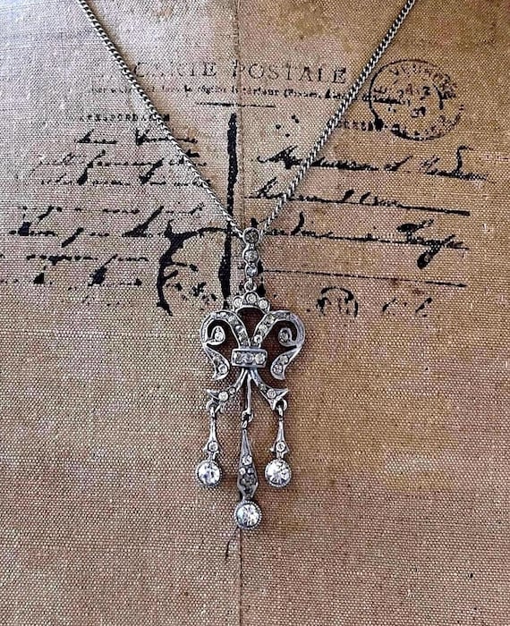 Exquisite antique French Edwardian Belle Époque Sterling Silver brilliant faceted Diamond Paste Stone accented signed Lavaliere Necklace