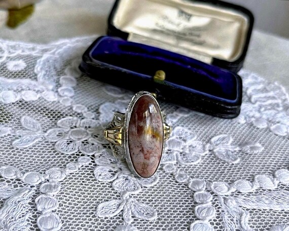 Wonderful Art Deco Clark and Combs C&C Sterling Silver filigree Luminous Agate Cabochon Gold filled accents size 7 Statement Ring