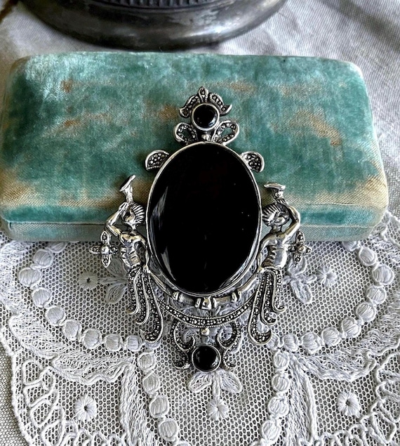 Ethereal vintage Art Nouveau Revival Sterling Silver genuine Onyx gemstone faceted Marcasite accented fine hallmarked Statement Brooch