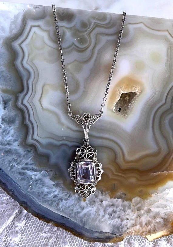 Edwardian Alexandrite Paste Stone Pendant Necklace: Sterling Silver Filigree