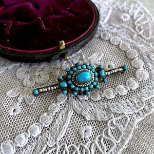 Gorgeous antique Victorian 835 Silver genuine Turquoise and Seed Pearl accented hallmarked C Clasp Lapel Brooch
