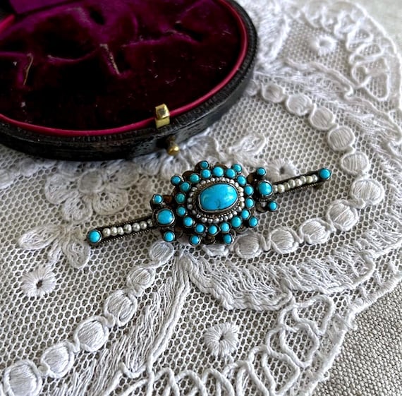 Gorgeous antique Victorian 835 Silver genuine Turquoise and Seed Pearl accented hallmarked C Clasp Lapel Brooch