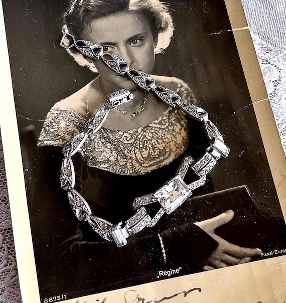 1930s Art Deco Sterling Silver Paste Stone Link Bracelet